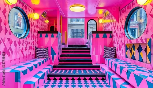 Pink And Blue Geometric Interior Design With Bold Patterns And Modern Seating