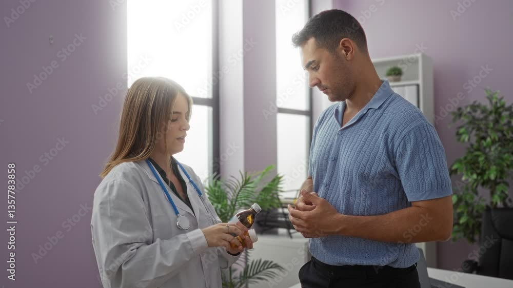 Woman doctor discussing medication with man patient in clinic room indoors with stethoscope visible. Woman doctor discussing medication with man patient in clinic room indoors with stethoscope visible.
