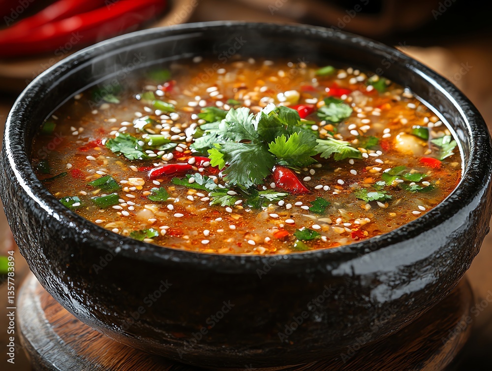 Hot and Spicy Asian Soup with Chili Peppers and Sesame Seeds Hot and Spicy Asian Soup with Chili Peppers and Sesame Seeds