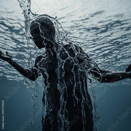 A Human Silhouette Made Entirely of Water, Dripping and Forming Ripples in the Air – A surreal and fluid concept.