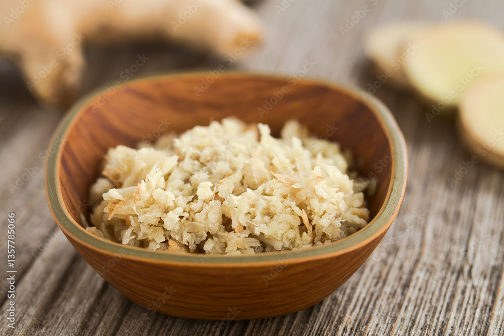 Freshly grated ginger in small bowl with ginger root and slices in the back (Selective Focus, Focus one third into the bowl) Freshly grated ginger in small bowl with ginger root and slices in the back (Selective Focus, Focus one third into the bowl)