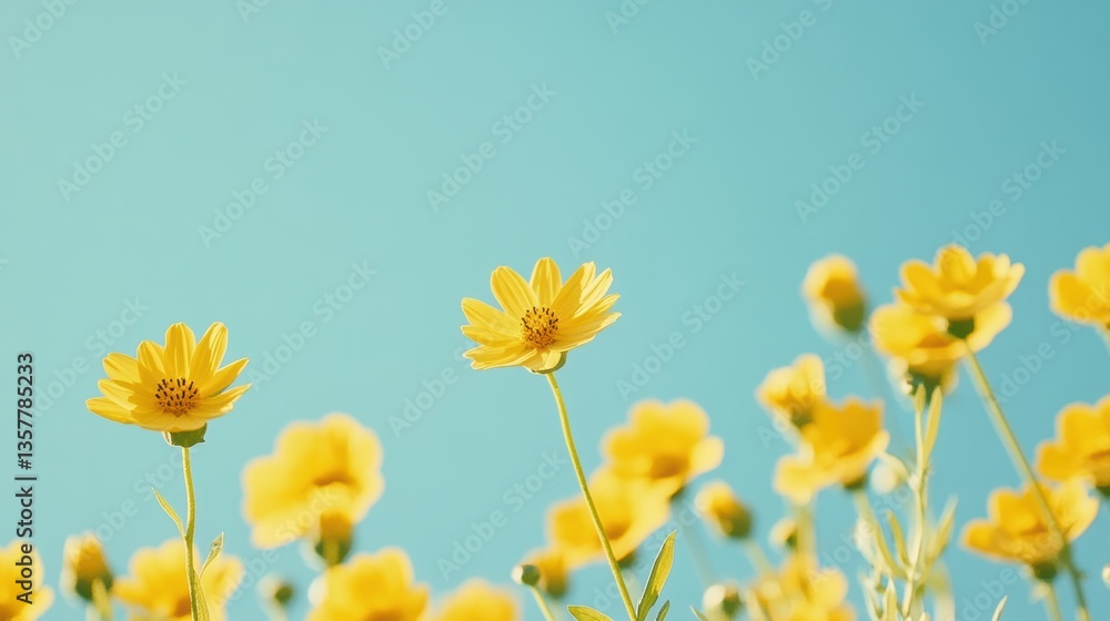 Fototapeta premium 青空の下で咲く黄色い花々の美しい風景が広がる