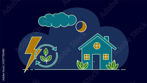 Eco house clean energy night. Moon stars cloud plants lightning. Green power renewable resources. Line art flat lay vector illustration