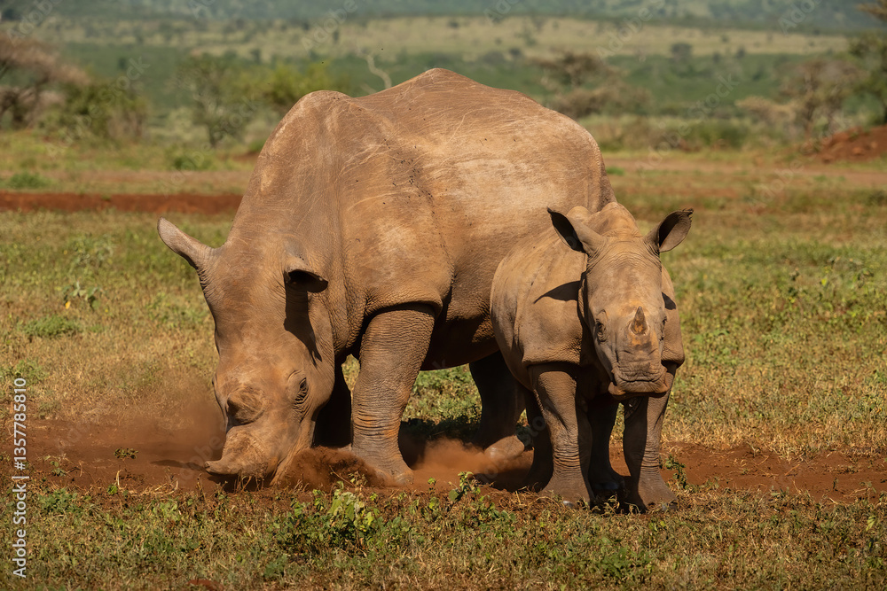 Naklejka premium White rhinoceros (Ceratotherium simum). Mother rhino grazes while calf stands close by in dusty clearing. Dry open savanna with patches of grass. Bond between mother and calf stands out strongly.