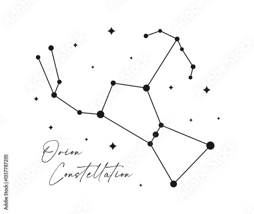 Orion Constellation Vector. The Hunter constellation. Star Map. Celestial Night Sky Illustration, Astronomy Design.