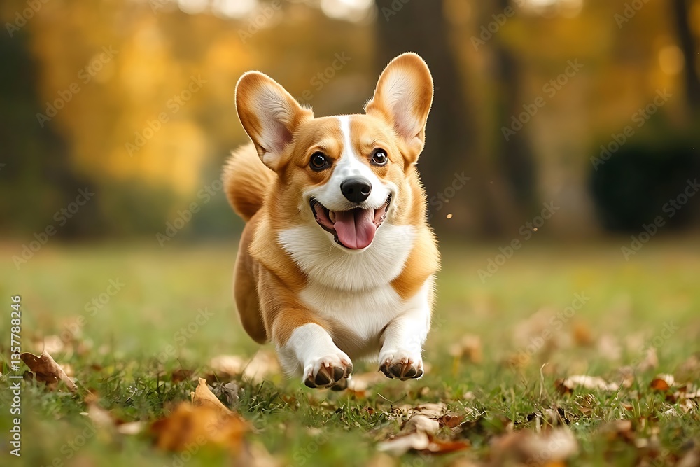 A Corgi dog with its short legs running through a park A Corgi dog with its short legs running through a park