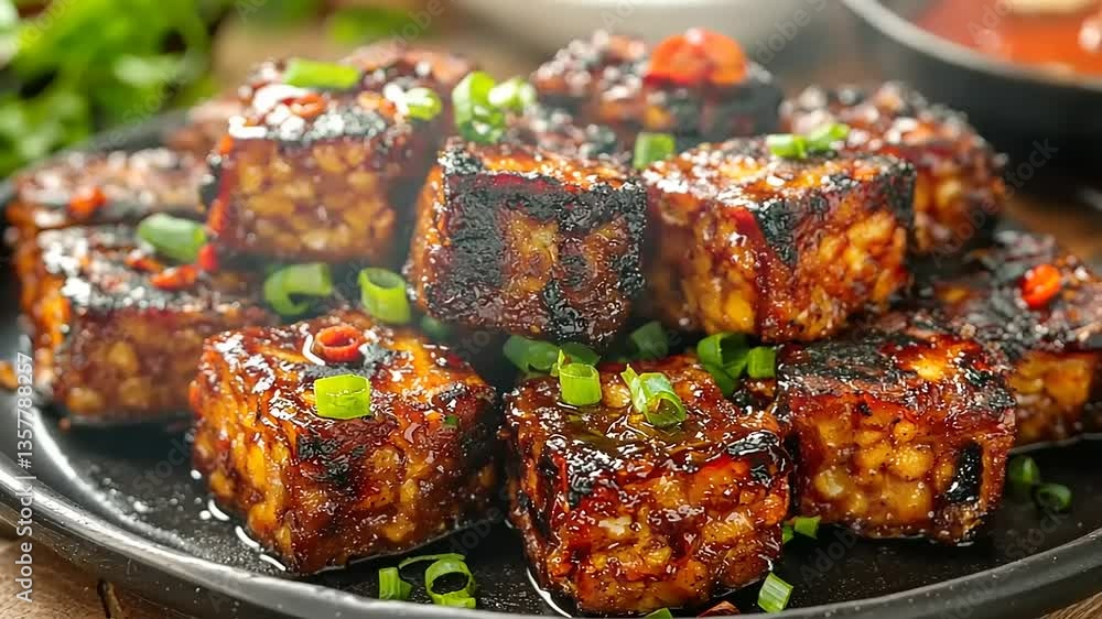 Close-up shot of glazed and garnished tofu cubes, displayed on a black plate, appetizing. Close-up shot of glazed and garnished tofu cubes, displayed on a black plate, appetizing.