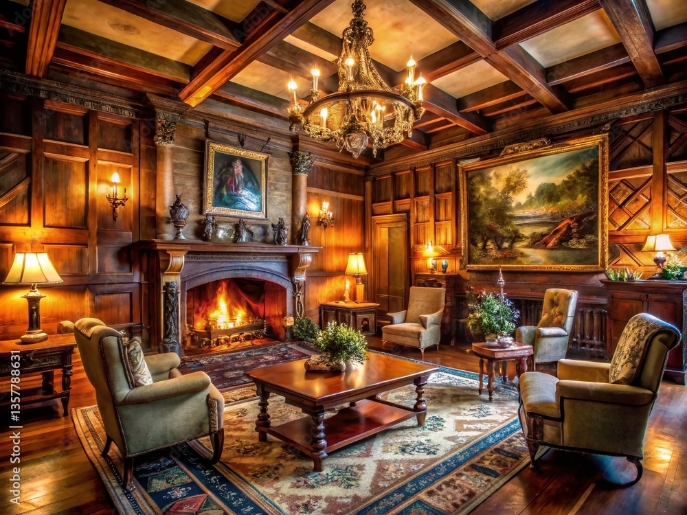 Tudor House Interior: Long Exposure Photography of Elegant Room with Warm Lighting Tudor House Interior: Long Exposure Photography of Elegant Room with Warm Lighting