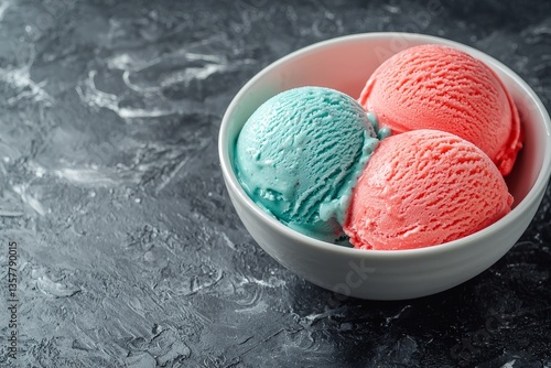 Bowl of tri color ice cream in red white and blue hues on a dark textured background vibrant frozen dessert concept for high end food styling and professional culinary photography