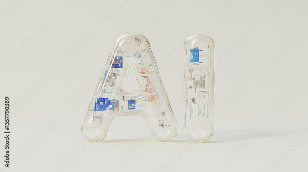 AI Letters: A close-up shot features transparent letters spelling AI Letters: A close-up shot features transparent letters spelling