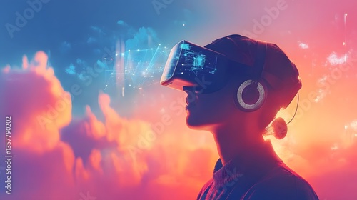 Glimpse into Virtual Reality: A person immersed in a virtual world, wearing a VR headset, with a futuristic and immersive experience, clouds and digital elements swirling around them.