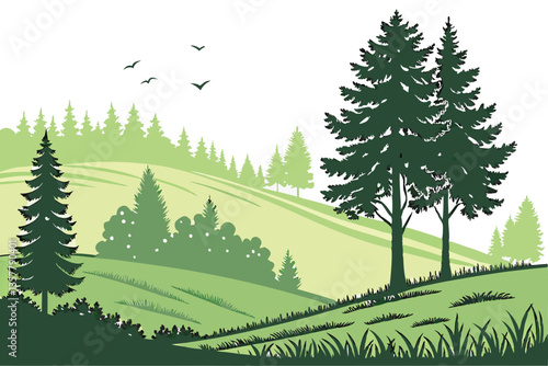 8 Lush green hilltop, dense pine forest, evergreen trees, rolling grassy meadow, isolated landscape, vibrant nature, panoramic view, serene wilderness, sunlit glade, natural border, coniferous treelin