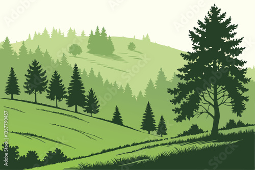 8 Lush green hilltop, dense pine forest, evergreen trees, rolling grassy meadow, isolated landscape, vibrant nature, panoramic view, serene wilderness, sunlit glade, natural border, coniferous treelin