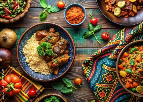 Fototapeta Naklejka Na Ścianę i Meble -  Vibrant African Art Inspired Food Styling, Colorful Dishes, Traditional Patterns
