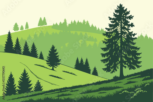 8 Lush green hilltop, dense pine forest, evergreen trees, rolling grassy meadow, isolated landscape, vibrant nature, panoramic view, serene wilderness, sunlit glade, natural border, coniferous treelin