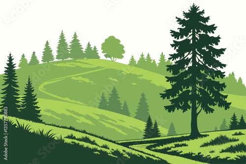 8 Lush green hilltop, dense pine forest, evergreen trees, rolling grassy meadow, isolated landscape, vibrant nature, panoramic view, serene wilderness, sunlit glade, natural border, coniferous treelin