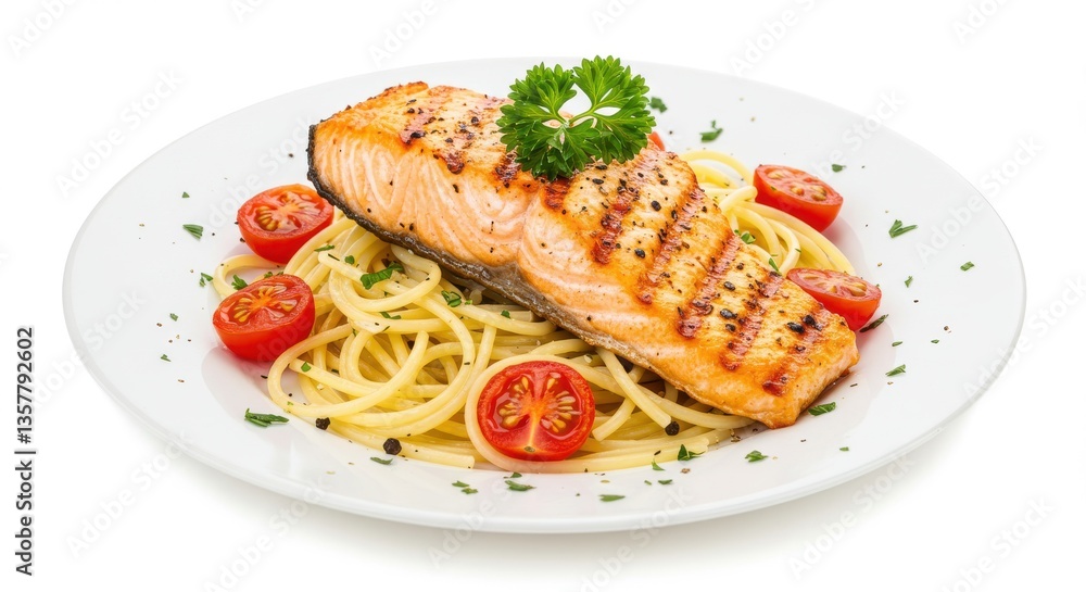 A plate of spaghetti with grilled salmon fillet and cherry tomatoes on a white background scene A plate of spaghetti with grilled salmon fillet and cherry tomatoes on a white background scene