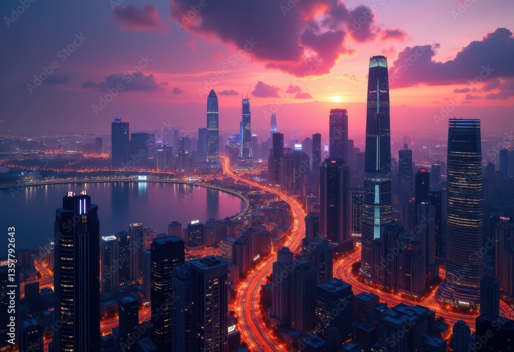 Fototapeta premium twilight city skyline vibrant lights urban landscape evening glow architecture silhouette reflection, building, construction, night, tower, metropolis