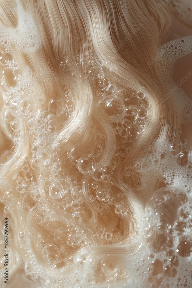 Obraz premium Close-up of blonde hair being washed with shampoo in a bathtub, with bubbles and foam on top of the long, straight hair against a green background