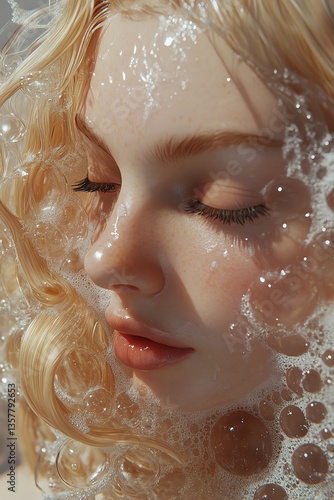 Close-up of blonde hair being washed with shampoo in a bathtub, with bubbles and foam on top of the long, straight hair against a green background