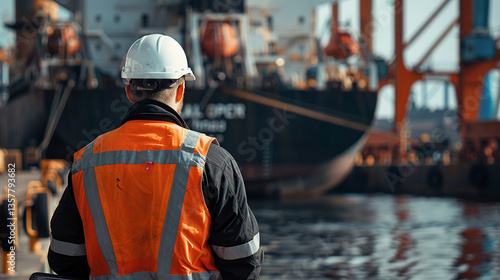 engineer man wearing protective suit working in industrial port.