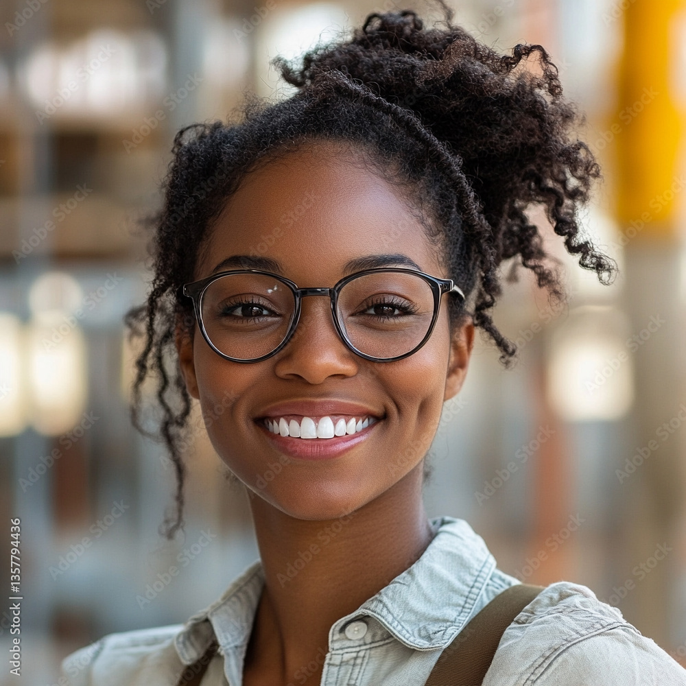 Obraz premium Young woman smiles while wearing glasses outdoors
