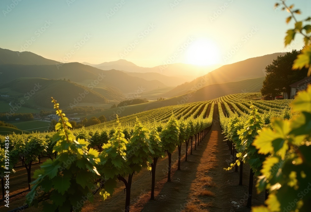 Fototapeta premium breathtaking vineyard landscapes featuring lush grapes glimmering morning dew expansive fertile terrains, aerial, agriculture, berries, beauty, backdrop
