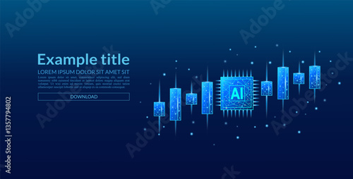 AI chip and stock candles on an electric blue wireframe. Low-poly background of the stock market and artificial intelligence. Trading and a microchip or AI processor