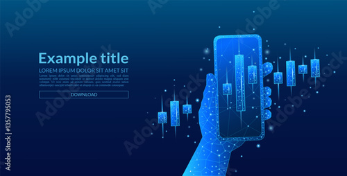 Mobile trading app concept on an electric blue background. Digital stock market chart on a smartphone. Abstract hand holding a smartphone with an investment candle on the screen