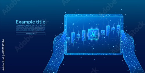 Abstract hands holding a tablet with an investment candle on the screen. Trading app concept on a tablet on an electric blue background. Digital stock market chart on a tablet