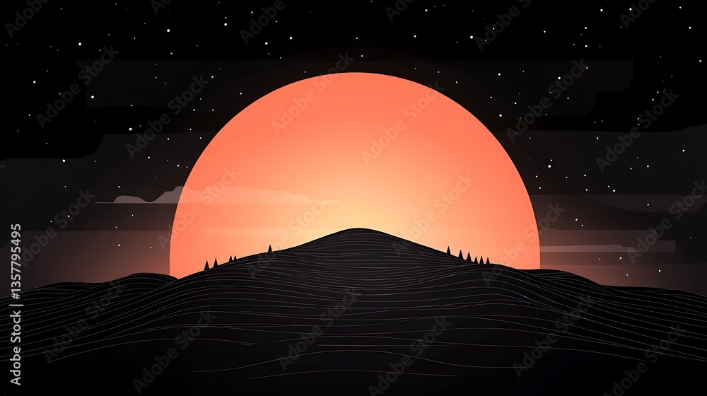 Obraz premium Night Sky for Orange Sun Over Hill.
