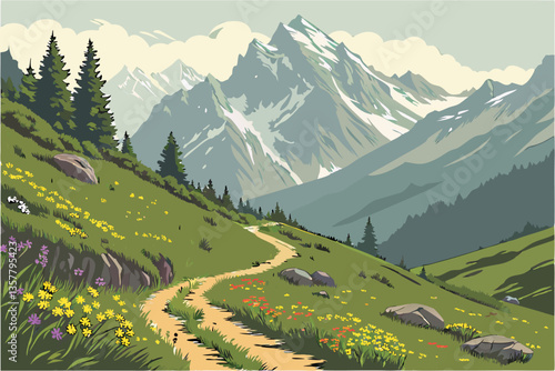 9 Majestic alpine landscape, winding dirt path, lush green meadows, wildflowers, snow-capped mountain peaks, dramatic panorama, misty distant peaks, summer in the mountains, serene nature scene, vibra