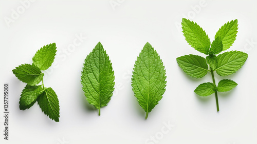 fresh green basil leaves on white background top view