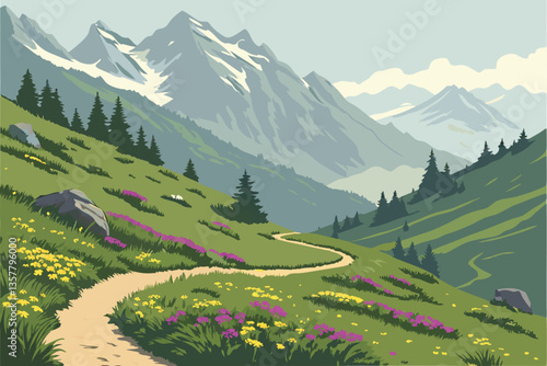 9 Majestic alpine landscape, winding dirt path, lush green meadows, wildflowers, snow-capped mountain peaks, dramatic panorama, misty distant peaks, summer in the mountains, serene nature scene, vibra