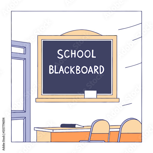 School blackboard in classroom setting with furniture  