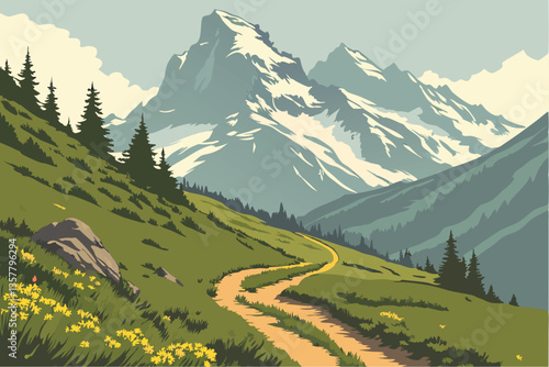 9 Majestic alpine landscape, winding dirt path, lush green meadows, wildflowers, snow-capped mountain peaks, dramatic panorama, misty distant peaks, summer in the mountains, serene nature scene, vibra