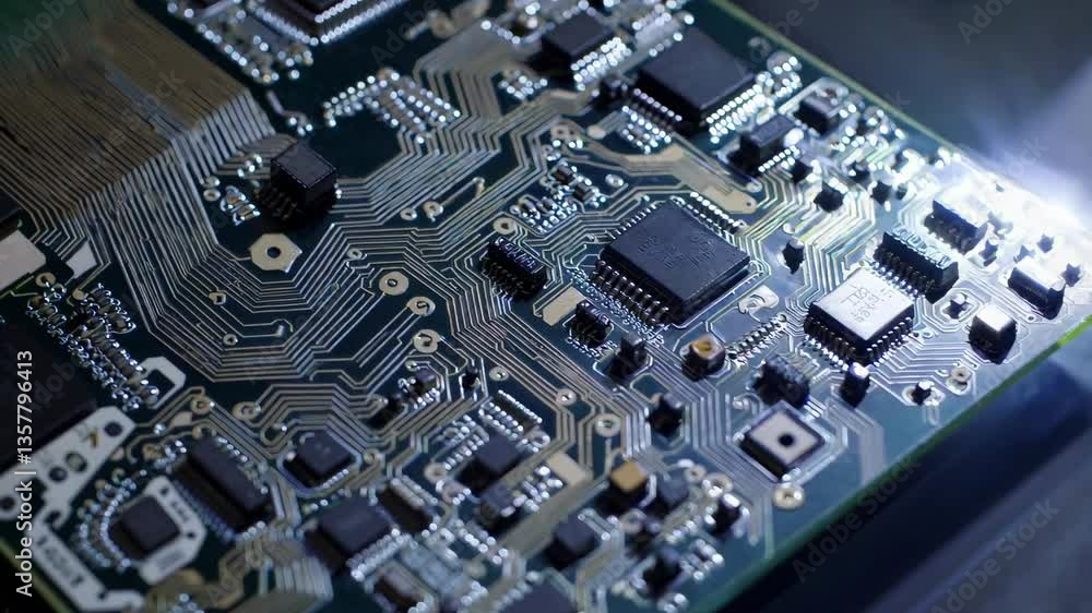 Green circuit board with electronic components like chips, transistors, and capacitors, illuminated by a moving light source, creating highlights and shadows Green circuit board with electronic components like chips, transistors, and capacitors, illuminated by a moving light source, creating highlights and shadows
