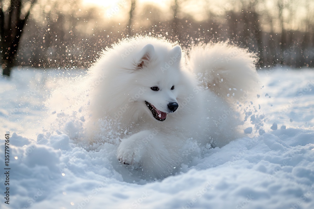A playful Samoyed dog with its white fluffy coat playing in the snow A playful Samoyed dog with its white fluffy coat playing in the snow