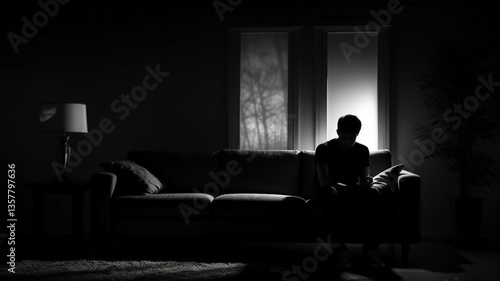 depressed young woman sitting in bed at home