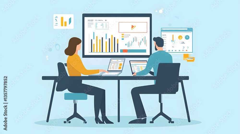 Data Analysis Teamwork: A dynamic business duo, immersed in a data-driven session, collaborating seamlessly with modern devices and analytical dashboards that visualize complex information.