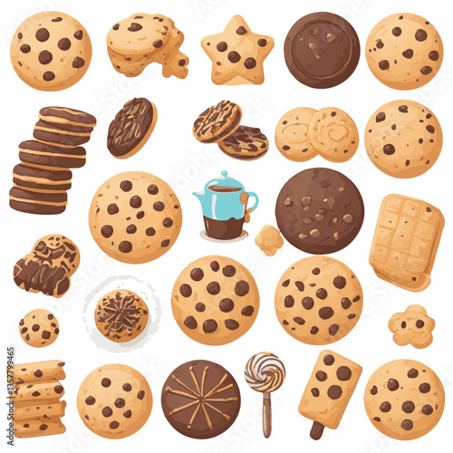 dessert, cookie, food, biscuit, sweet, bakery, background, chocolate, delicious, snack, homemade, brown, isolated, candy, pastry, cake, bake, chip, tasty, breakfast, fresh, treat, closeup, sugar, vect