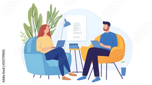 Collaboration and Technology: Modern workspace shows two individuals engaged in a dynamic meeting, using digital tools. A modern digital illustration focused on teamwork, communication.