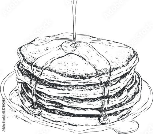 Illustration of a stack of pancakes with syrup drizzling on top.