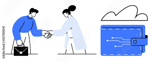 Two people shaking hands to finalize a deal, next to a digital wallet and cloud icon. Ideal for business, partnerships, finance, technology, digital transactions, innovation networking. Flat simple
