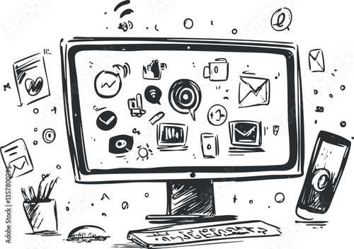 Black and white sketch of a computer screen with digital icons.