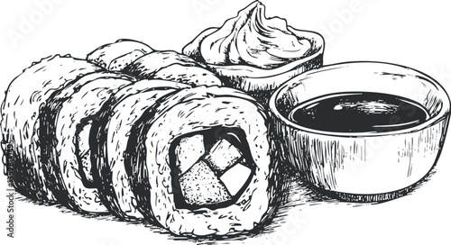 Hand-drawn sushi rolls with dipping sauce and wasabi illustration.