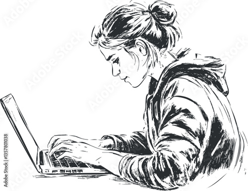 Monochrome illustration of a woman focused on working at a laptop.