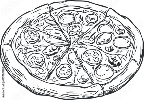 Black and white sketch of a sliced pizza with various toppings.