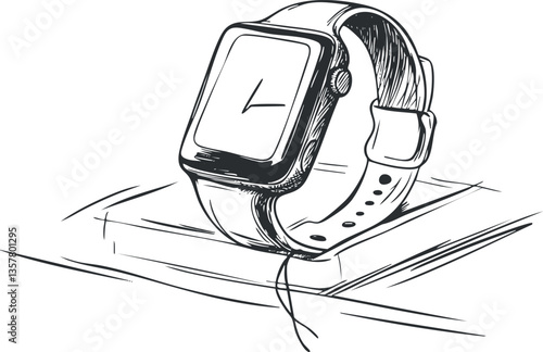 Hand-drawn illustration of a smartwatch on a charging stand.
