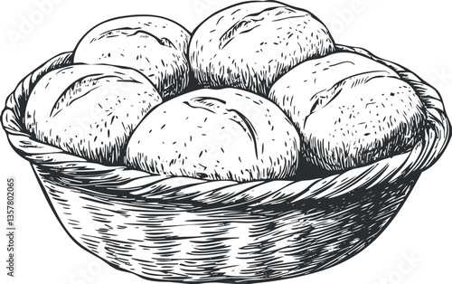 Hand-drawn sketch of bread rolls in a rustic basket.
